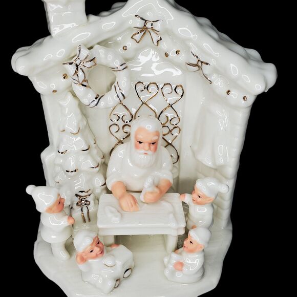 Santa Elf Toy Workshop White Gold Christmas Porcelain North Pole - Picture 2 of 8